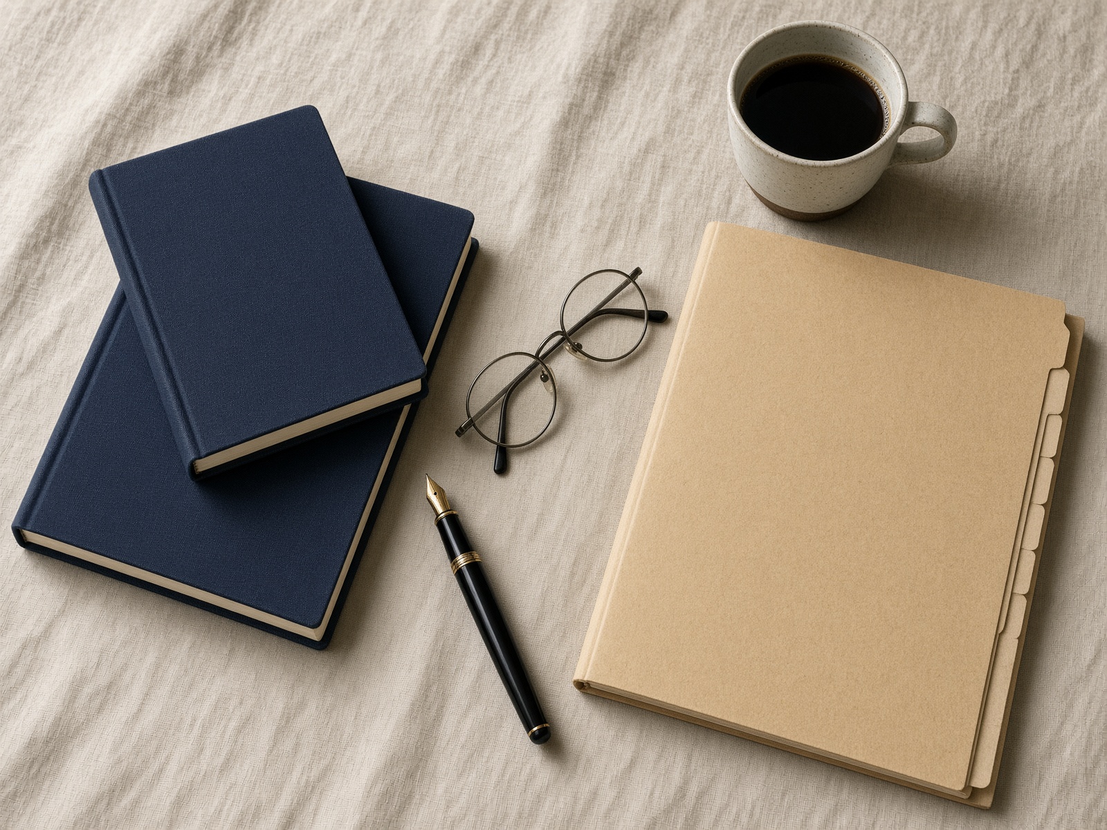 Navy ledgers, a fountain pen, and a manila binder on a cream linen desk